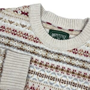 Vtg American Eagle Fair Isle Sweater Women L Cream Red Knit Pullover Long Sleeve